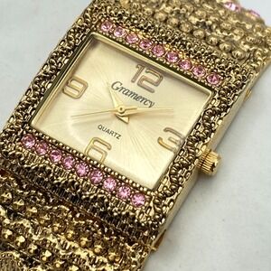 Gramercy Women's Watch Gold Tone Pink Crystals Textured Cuff New Battery 6.5"